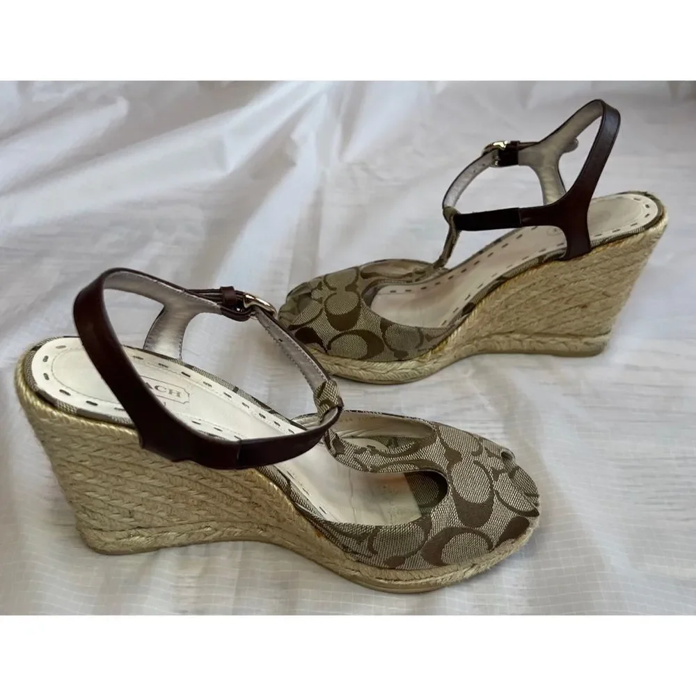 Coach Brown Jacquard Fabric Logo Peep Toe Sling back Wedge Shoe Sz 9